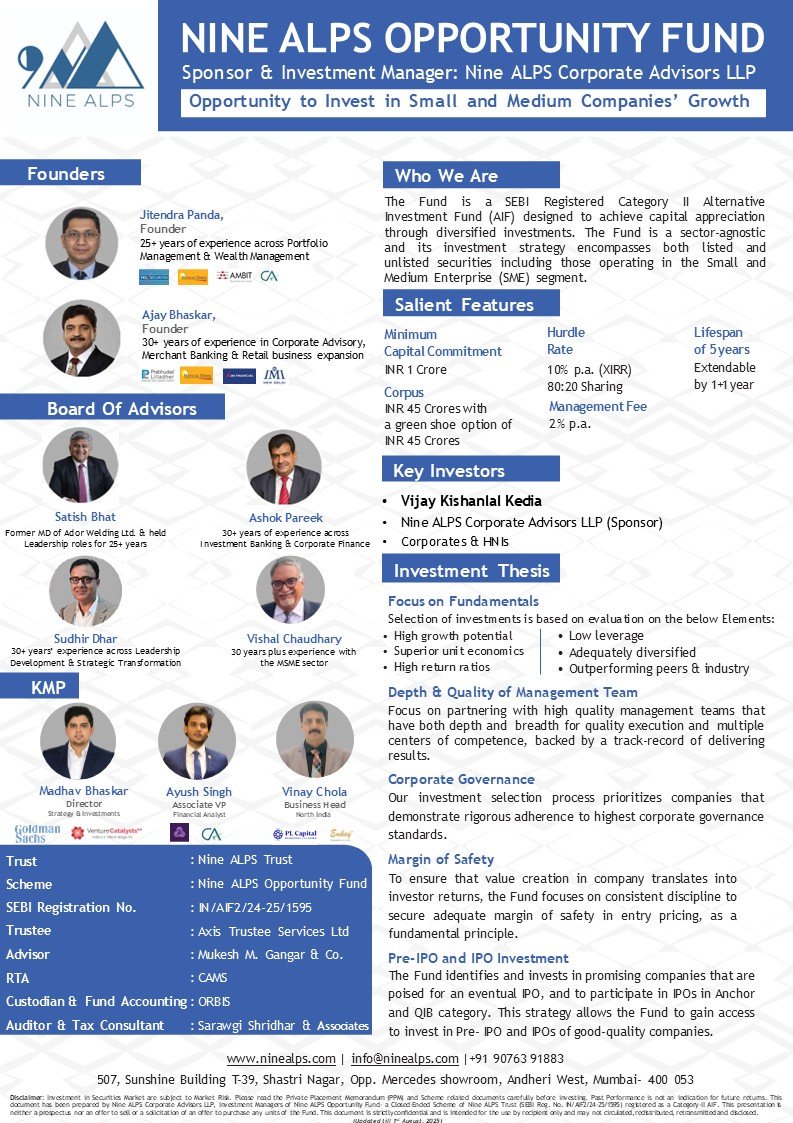 Nine Alps Opportunity Fund overview showing fund details, founders, advisors, investment thesis, key features, and regulatory information.