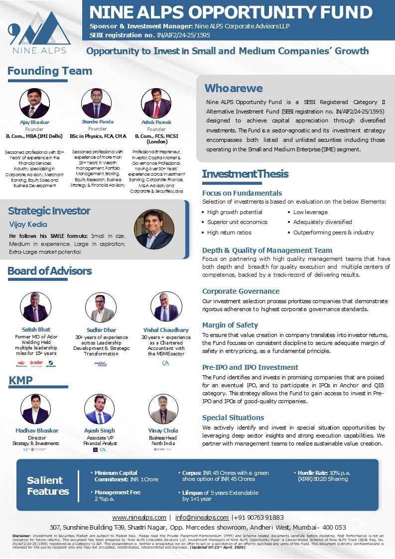 Nine Alps Opportunity Fund overview showing fund details, founders, advisors, investment thesis, key features, and regulatory information.